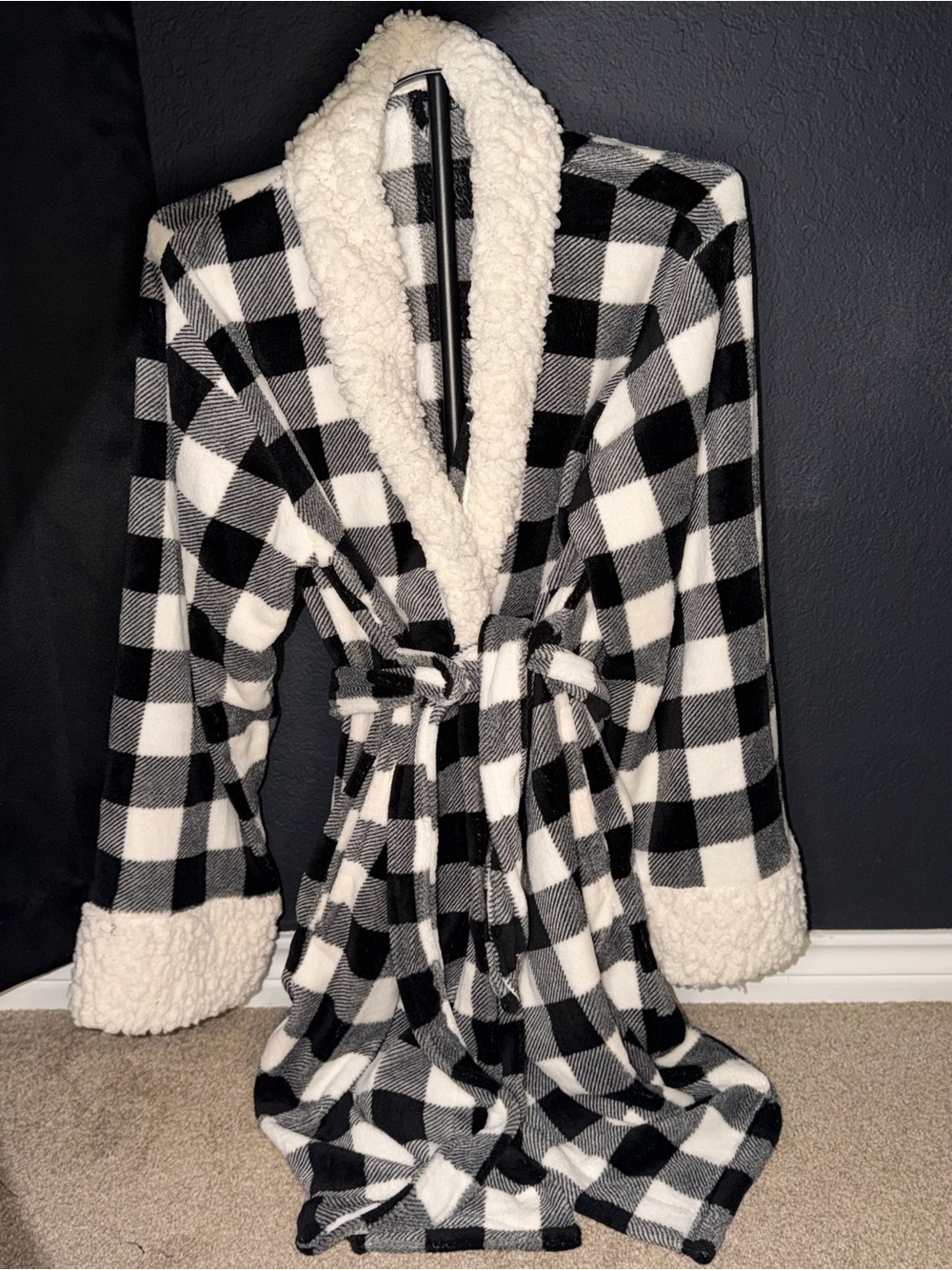 Just Love Black & White Buffalo Plaid Sherpa Trim Robe
